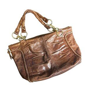 Vintage Brown Leather Shoulder Bag With Braided Strap Handles Brass Hardware